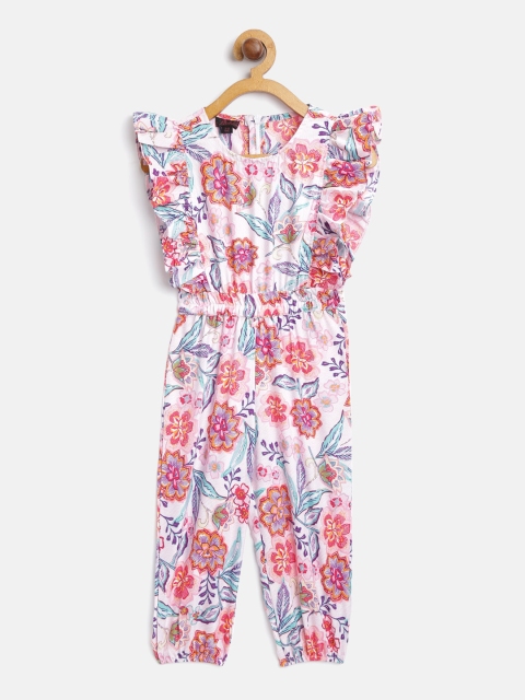 

pspeaches Girls Pink & Sea Green Floral Print Basic Jumpsuit