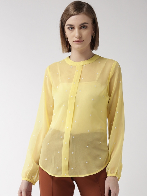 

QUIERO Women Yellow & White Embroidered Sheer Regular Top
