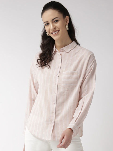 

QUIERO Women Peach-Coloured & White Boxy Striped Casual Shirt