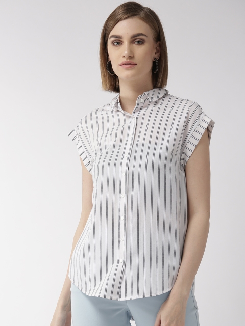 

QUIERO Women White & Navy Blue Regular Fit Striped Casual Shirt