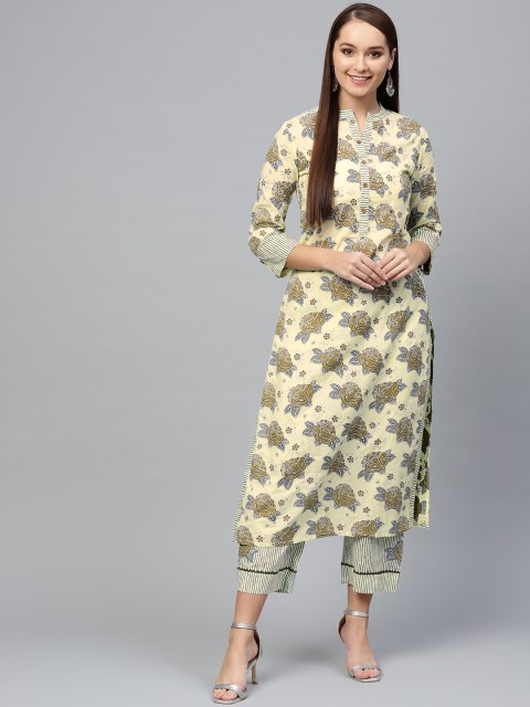 

Ishin Women Green & Grey Block Print Kurta with Trousers
