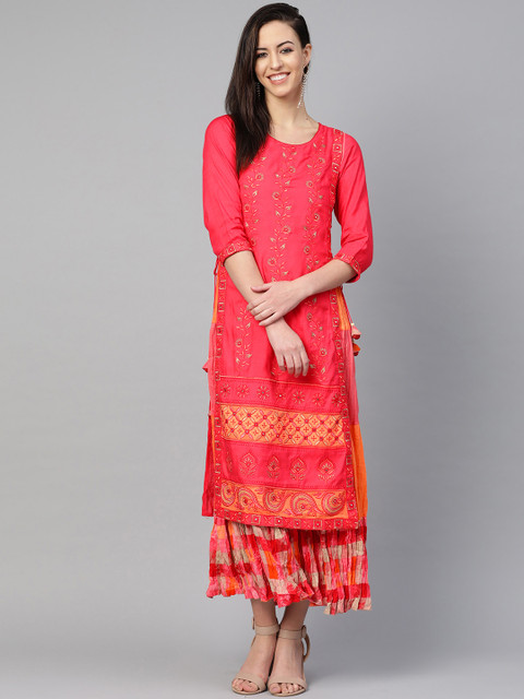 

Ishin Women Pink & Orange Layered Embroidered Maxi Dress