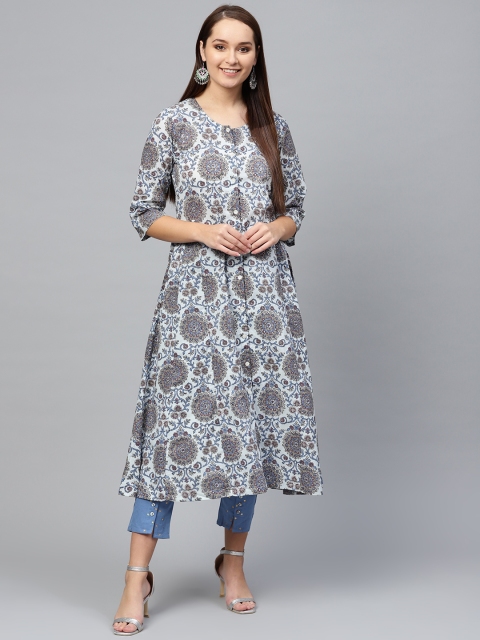 

Ishin Women Blue Block Print Kurta with Trousers