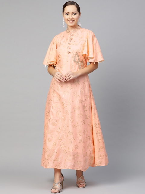 

Ishin Women Peach-Coloured & Golden Foil Print Maxi Dress