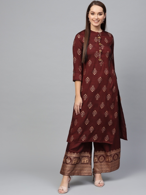 

Ishin Women Maroon & Golden Foil Print Kurta with Palazzos