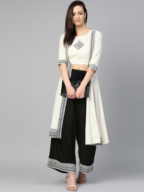 

Ishin Women Off-White & Black Block Printed Top with Palazzos