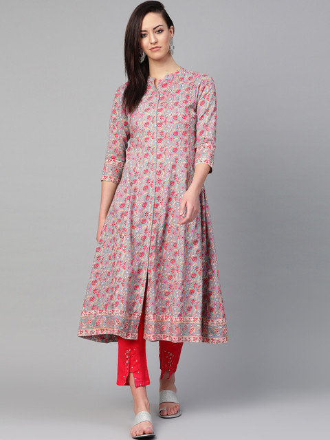 

Ishin Women Grey & Pink Kalamkari Printed Kurta with Trousers
