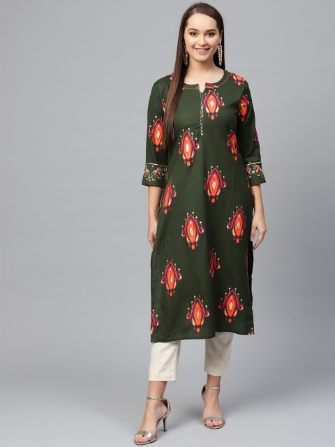 

Ishin Women Olive Green & Pink Printed Straight Kurta