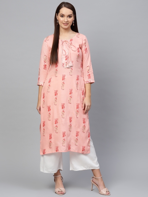 

Ishin Women Pink & Golden Foil Print A-Line Kurta