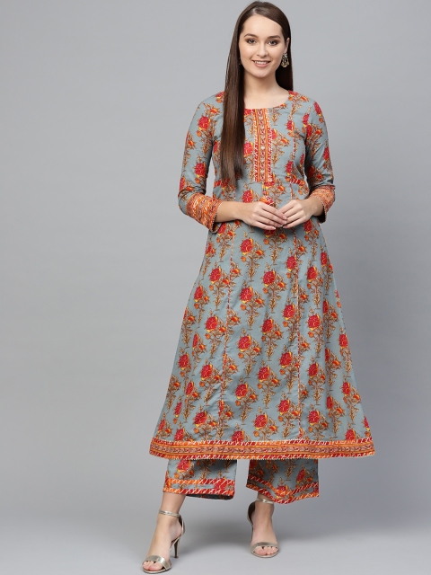 

Ishin Women Grey & Pink Block Print Kurta with Palazzos