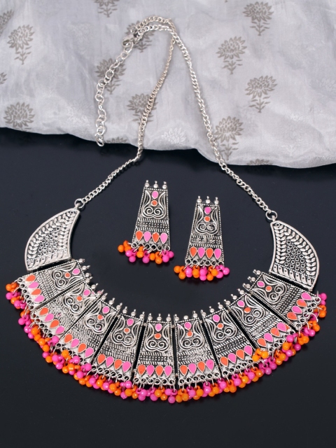 

Ayesha Women Silver-toned & Pink Antique Jewellery Set