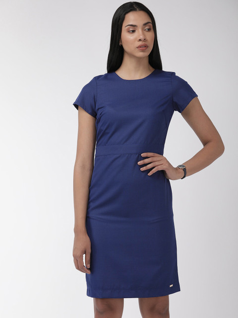 

Park Avenue Women Blue Solid Sheath Dress with Tie-Up Detailing