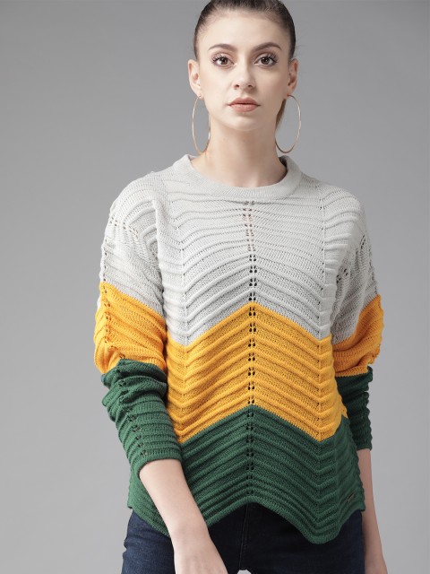 

Roadster Women Grey & Mustard Yellow Colourblocked Sweater