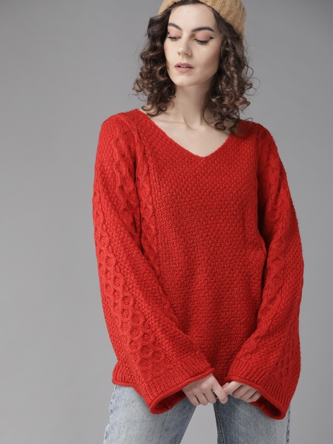 

The Roadster Lifestyle Co Women Red Self Design Sweater