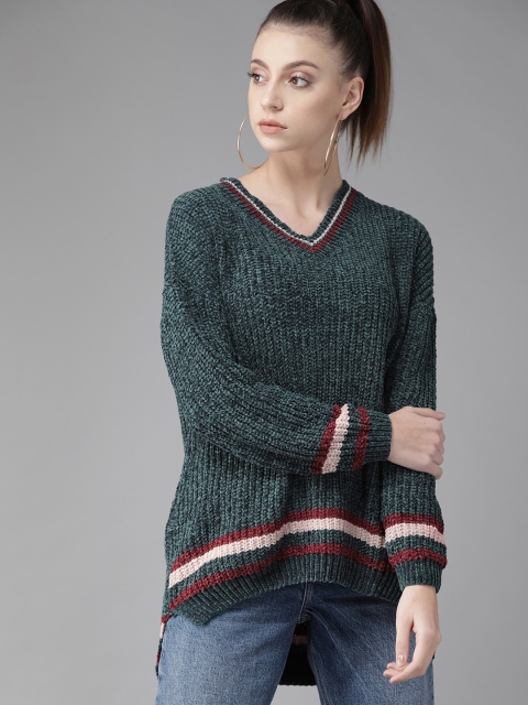

Roadster Women Green Ribbed High-Low Sweater