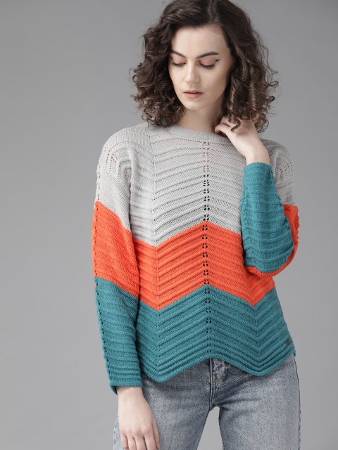 

Roadster Women Grey & Orange Colourblocked Pullover Sweater