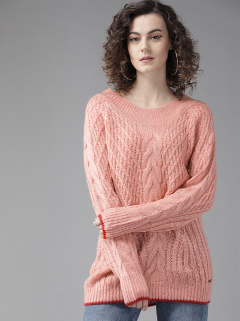 

Roadster Women Pink Self Design Pullover Sweater