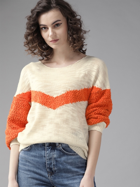 

Roadster Women Off-White & Orange Colourblocked Pullover Sweater