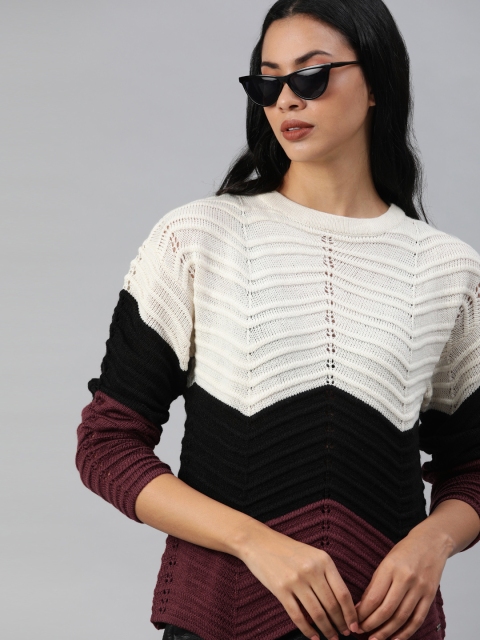 

The Roadster Lifestyle Co Women Off-White & Black Colourblocked Pullover Sweater