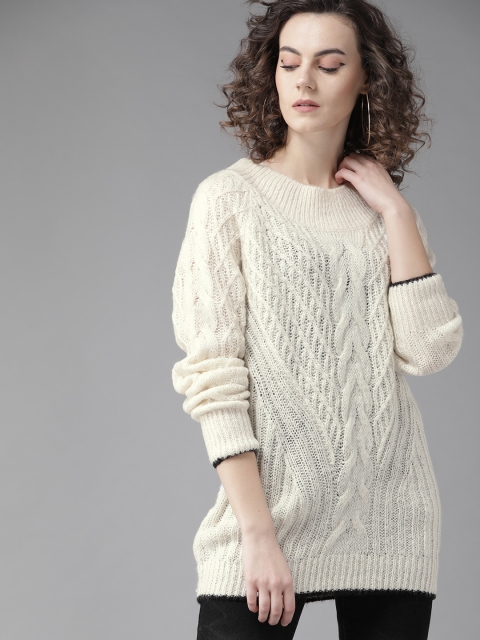 

Roadster Women Off-White Self Design Pullover Sweater