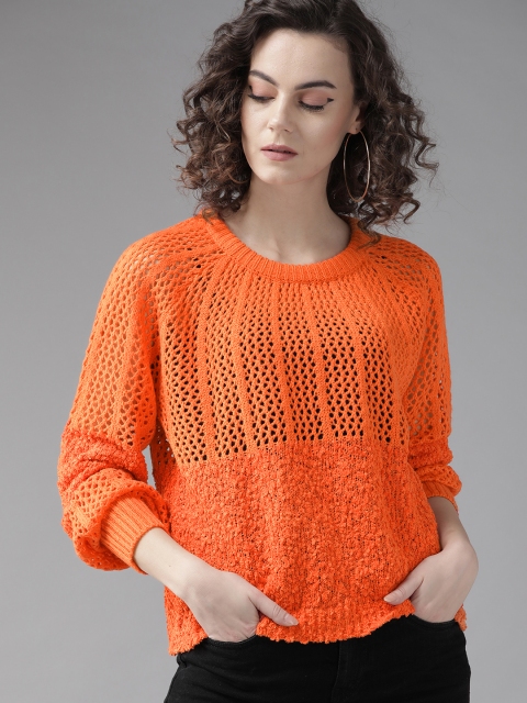 

Roadster Women Orange Self Design Sweater