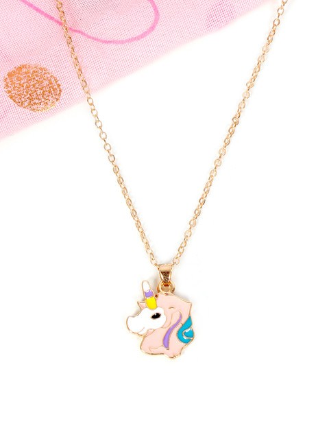 

lil'star Peach-Coloured Enamelled Unicorn Head Pendant With Gold-Toned Chain
