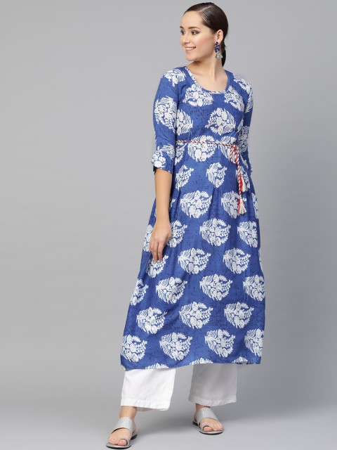 

Ishin Women Blue & White Block Print Empire A-Line Kurta