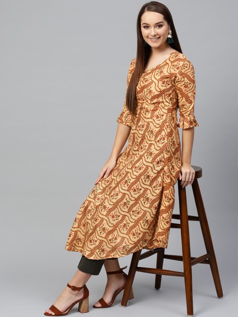 

Ishin Women Beige & Rust Red Block Printed A-Line Kurta