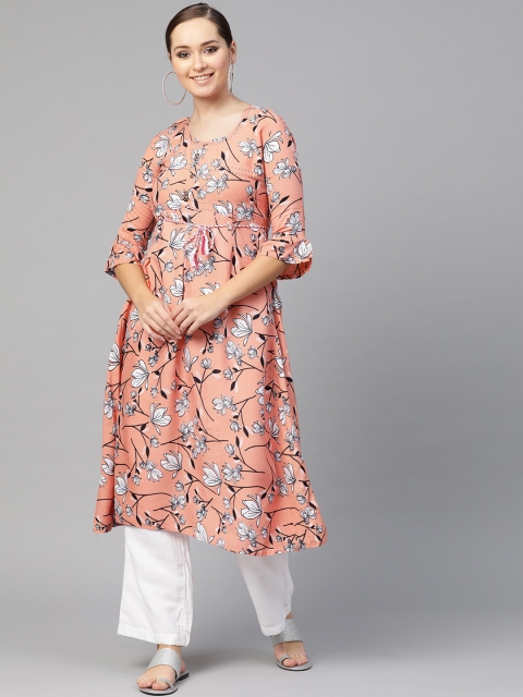 

Ishin Women Peach-Coloured & White Block Print Empire A-Line Kurta