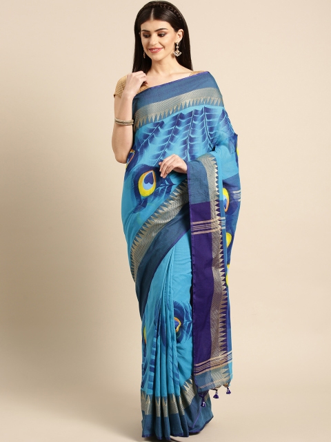 

FIROZA Blue Printed Saree with Hand Painted detail