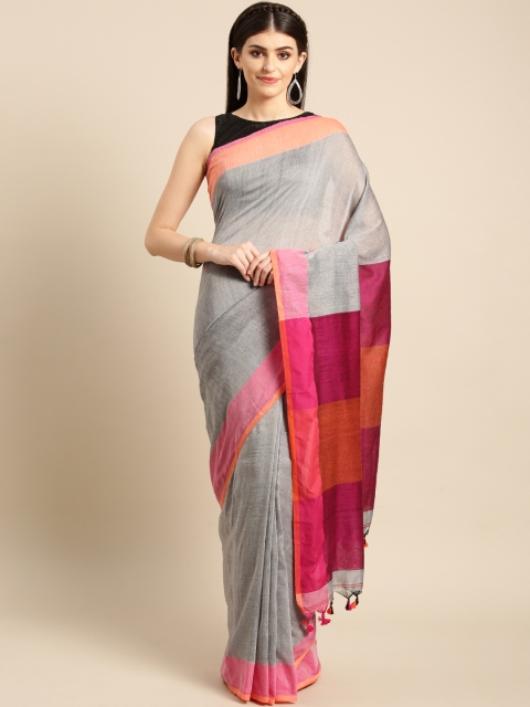 

FIROZA Grey & Pink Solid Khadi Saree