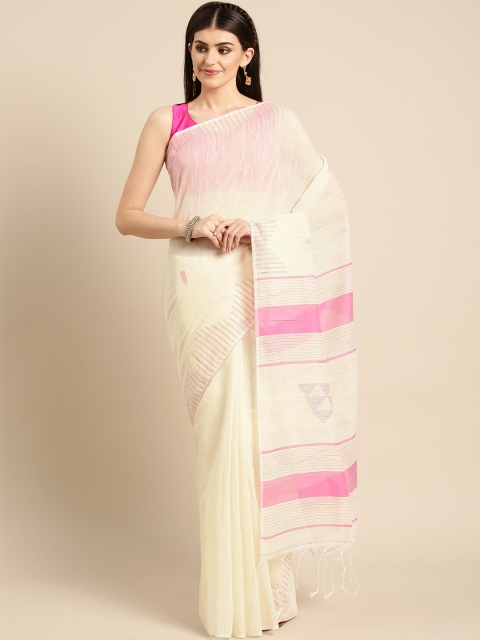 

FIROZA Cream-Coloured & Pink Handloom Handwoven Saree