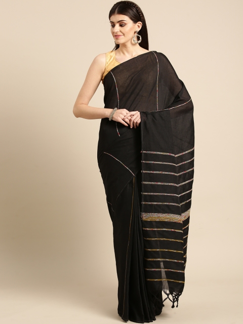 

FIROZA Black Handloom Striped Saree