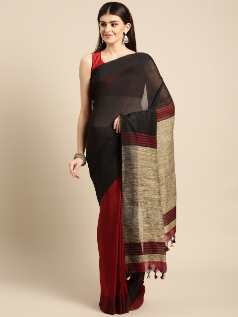 

FIROZA Maroon & Black Colourblocked Khadi Saree