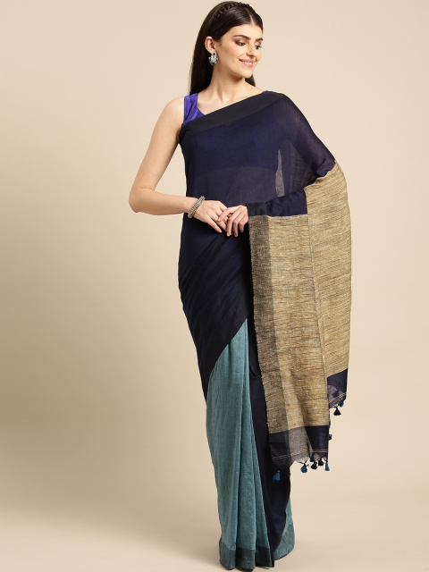 

FIROZA Blue & Beige Handloom Solid Saree