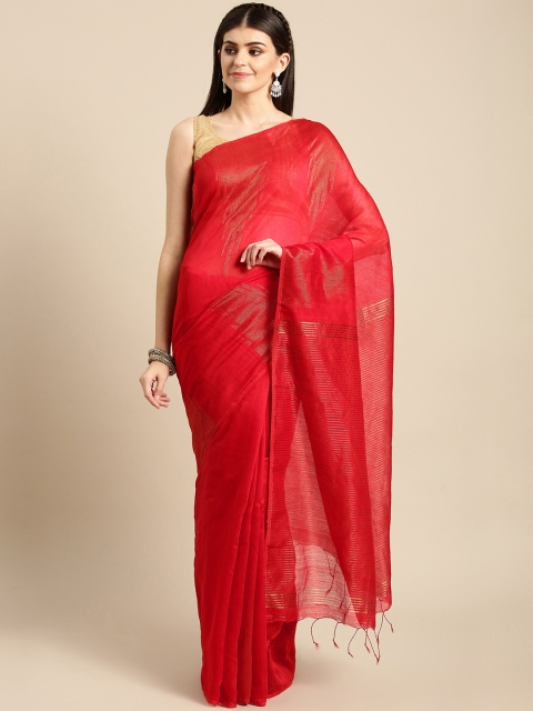 

FIROZA Red & Golden Solid Zari Handloom Saree