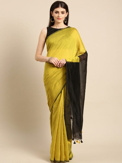 

FIROZA Yellow & Black Handloom Solid Saree