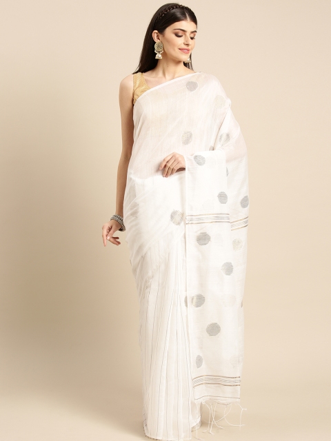 

FIROZA White & Golden Handloom Zari Striped Saree