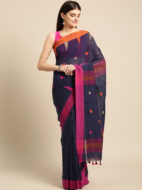 

FIROZA Navy Blue & Pink Woven Design Handloom Saree