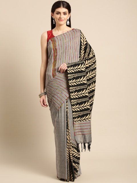 

FIROZA Charcoal Grey & Beige Printed Handcrafted Leaf Khesh Saree