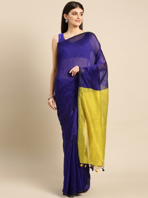 

FIROZA Navy Blue & Mustard Yellow Handloom Solid Saree