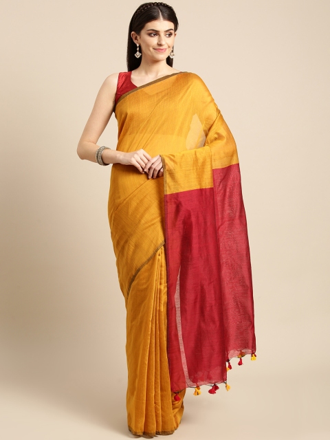 

FIROZA Mustard Yellow Handloom Solid Saree