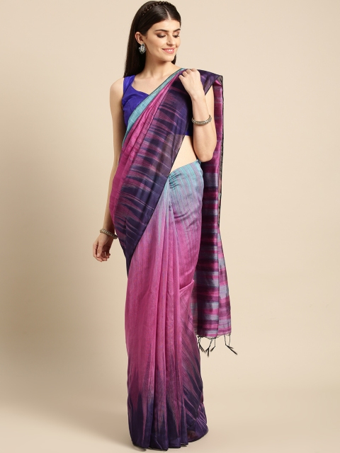 

FIROZA Pink & Blue Solid Handloom Saree