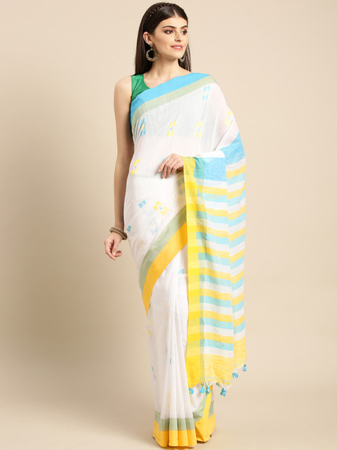

FIROZA White & Yellow Handloom Pure Cotton Woven Design Khadi Saree