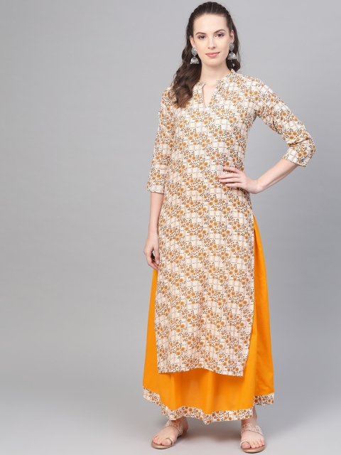 

Nayo Women Cream-Coloured & Yellow Printed Kurta with Skirt