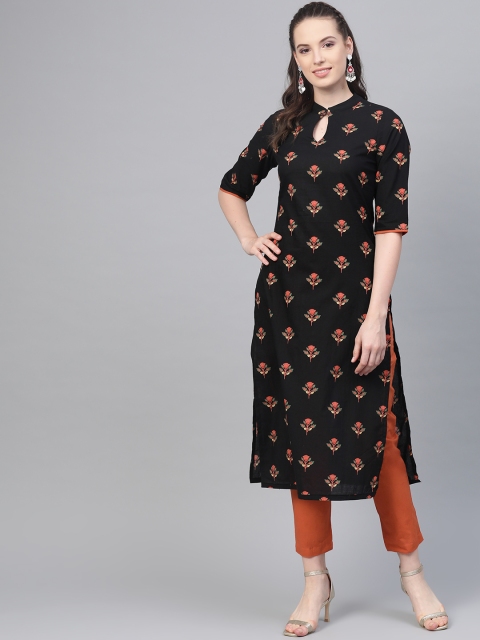 

Nayo Women Black & Orange Printed Kurta with Trousers