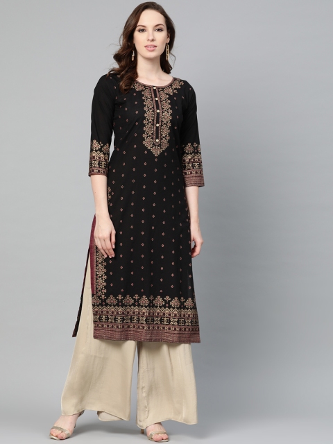 

Nayo Women Black & Golden Printed Straight Kurta