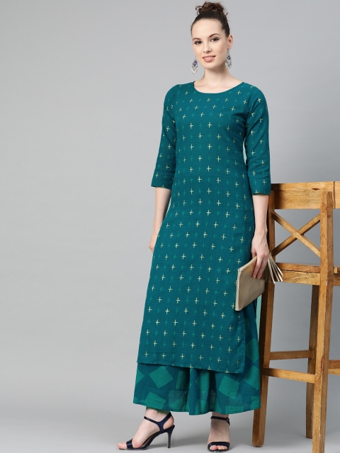 

Nayo Women Teal Blue & Golden Printed Kurta with Skirt