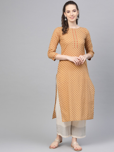 

Nayo Women Beige & Red Floral Printed Straight Kurta