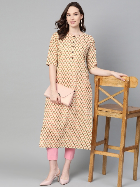 

Nayo Women Beige & Orange Printed Straight Kurta